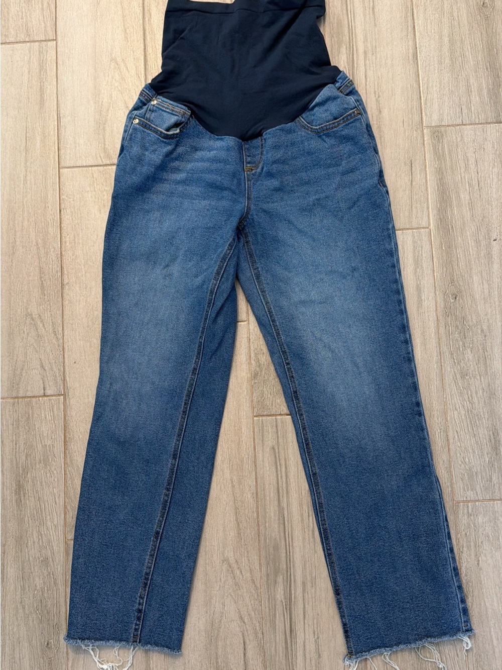 Motherhood Straight-Leg Maternity Jeans in Blue with Black Panel